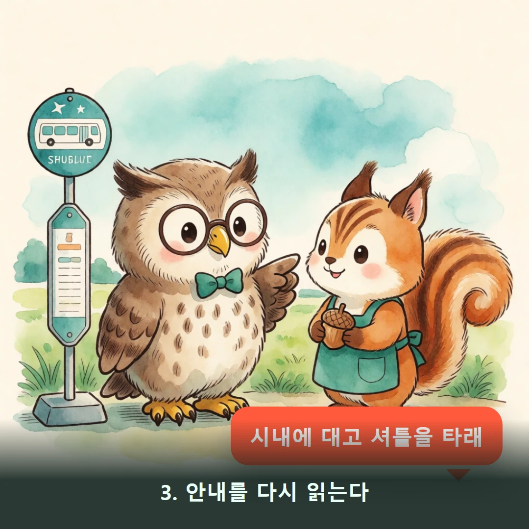 웹툰 3컷 — 3. 안내를 다시 읽는다 (시내에 대고 셔틀을 타래)