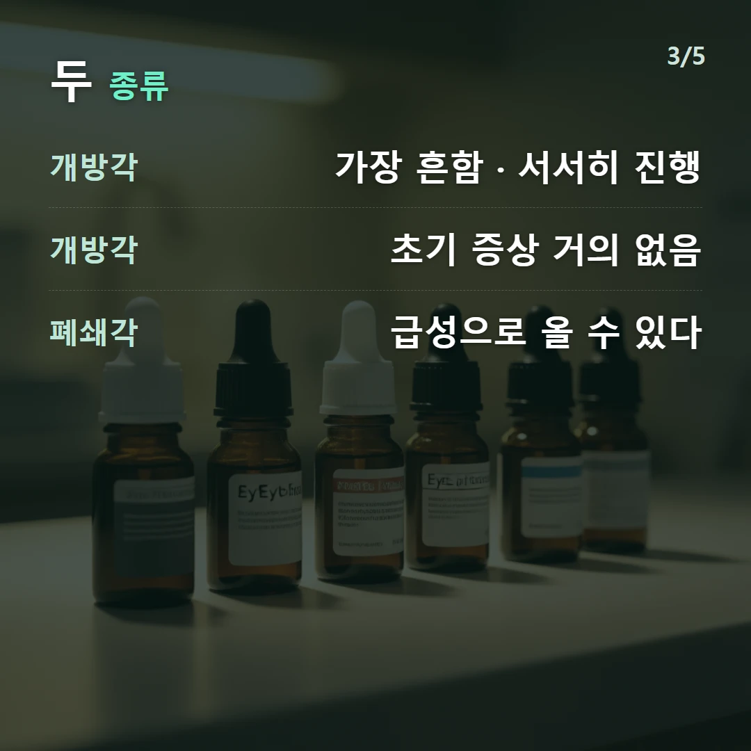 두 종류 — 개방각 가장 흔함 · 서서히 진행, 개방각 초기 증상 거의 없음, 폐쇄각 급성으로 올 수 있다