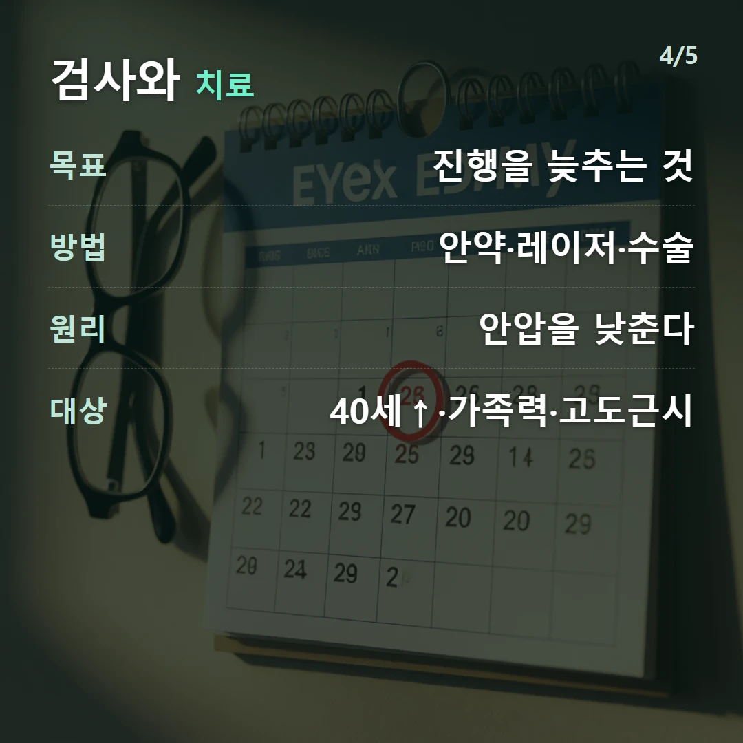 검사와 치료 — 목표 진행을 늦추는 것, 방법 안약·레이저·수술, 원리 안압을 낮춘다, 대상 40세↑·가족력·고도근시