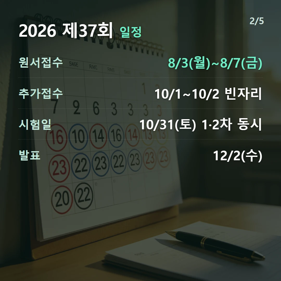 2026 제37회 일정 — 원서접수 8/3(월)~8/7(금), 추가접수 10/1~10/2 빈자리, 시험일 10/31(토) 1·2차 동시, 발표 12/2(수)
