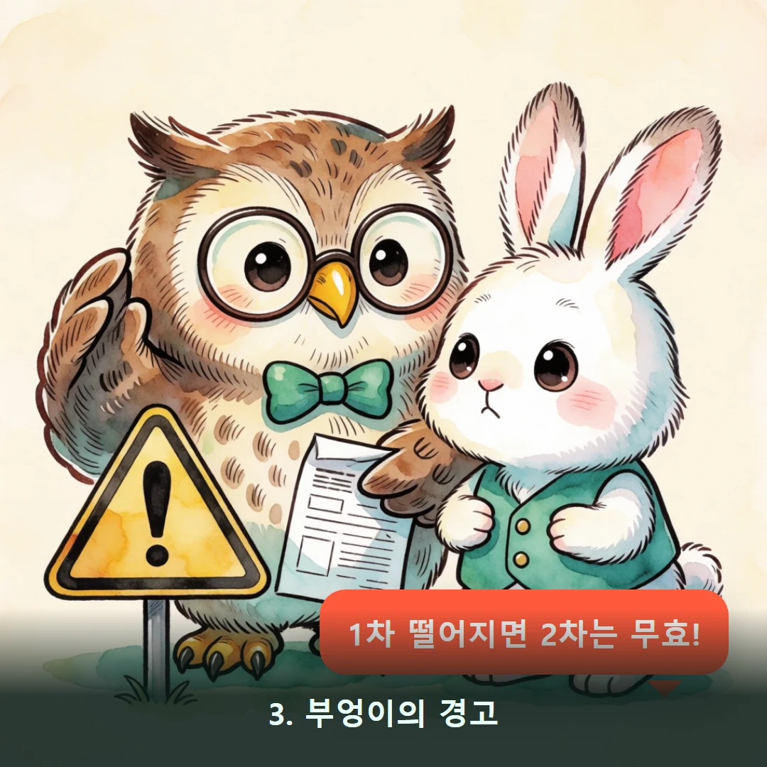 웹툰 3컷 — 3. 부엉이의 경고 (1차 떨어지면 2차는 무효!)