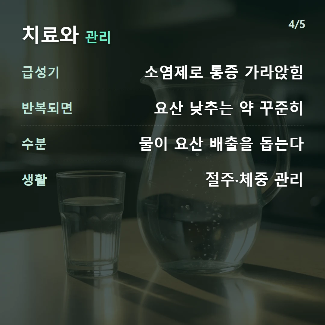 치료와 관리 — 급성기 소염제로 통증 가라앉힘, 반복되면 요산 낮추는 약 꾸준히, 수분 물이 요산 배출을 돕는다, 생활 절주·체중 관리