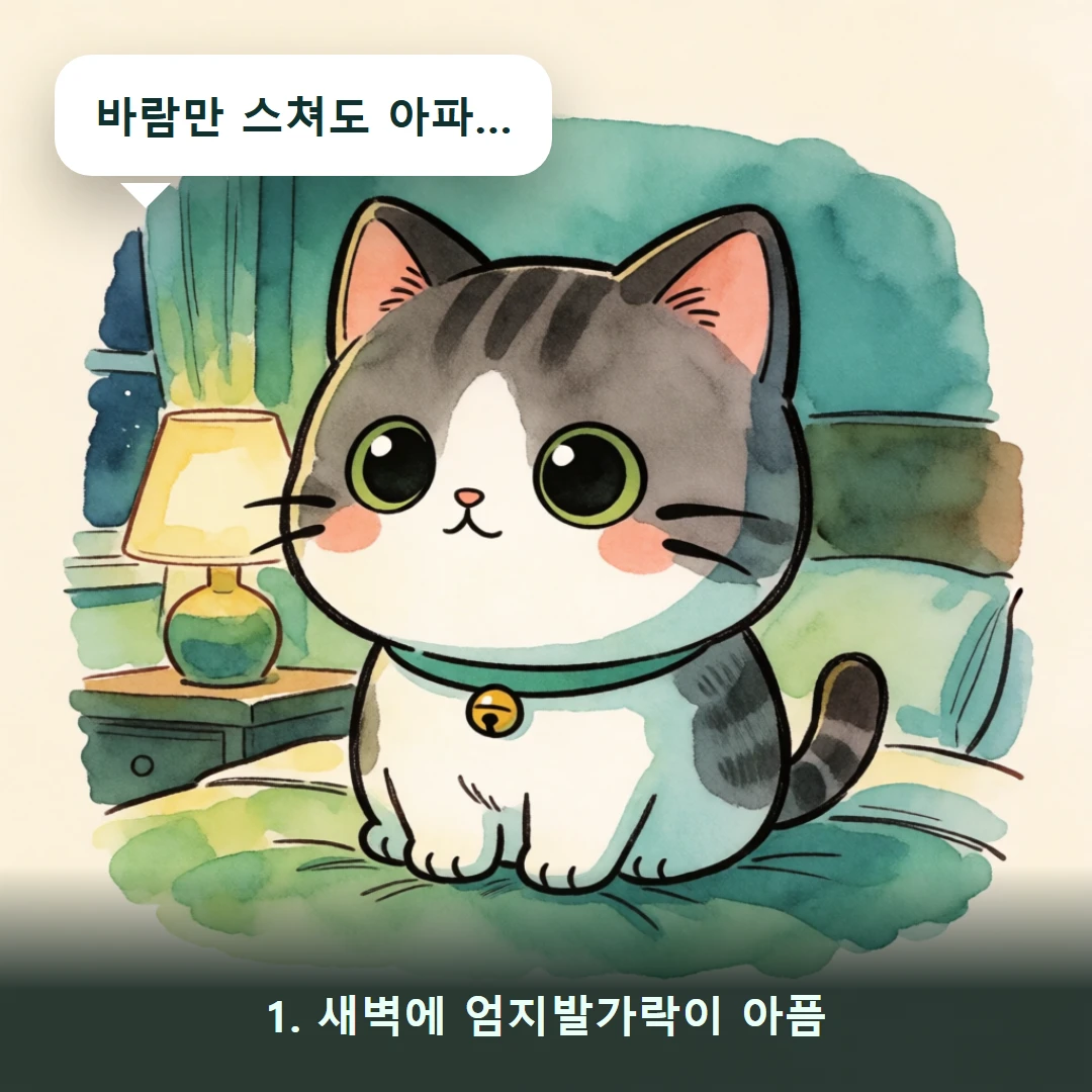 웹툰 1컷 — 1. 새벽에 엄지발가락이 아픔 (바람만 스쳐도 아파…)