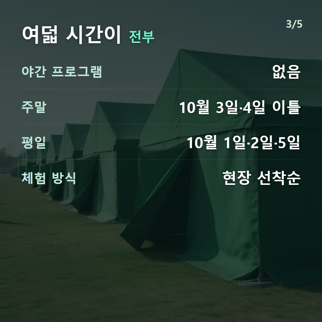 여덟 시간이 전부 — 야간 프로그램 없음, 주말 10월 3일·4일 이틀, 평일 10월 1일·2일·5일, 체험 방식 현장 선착순