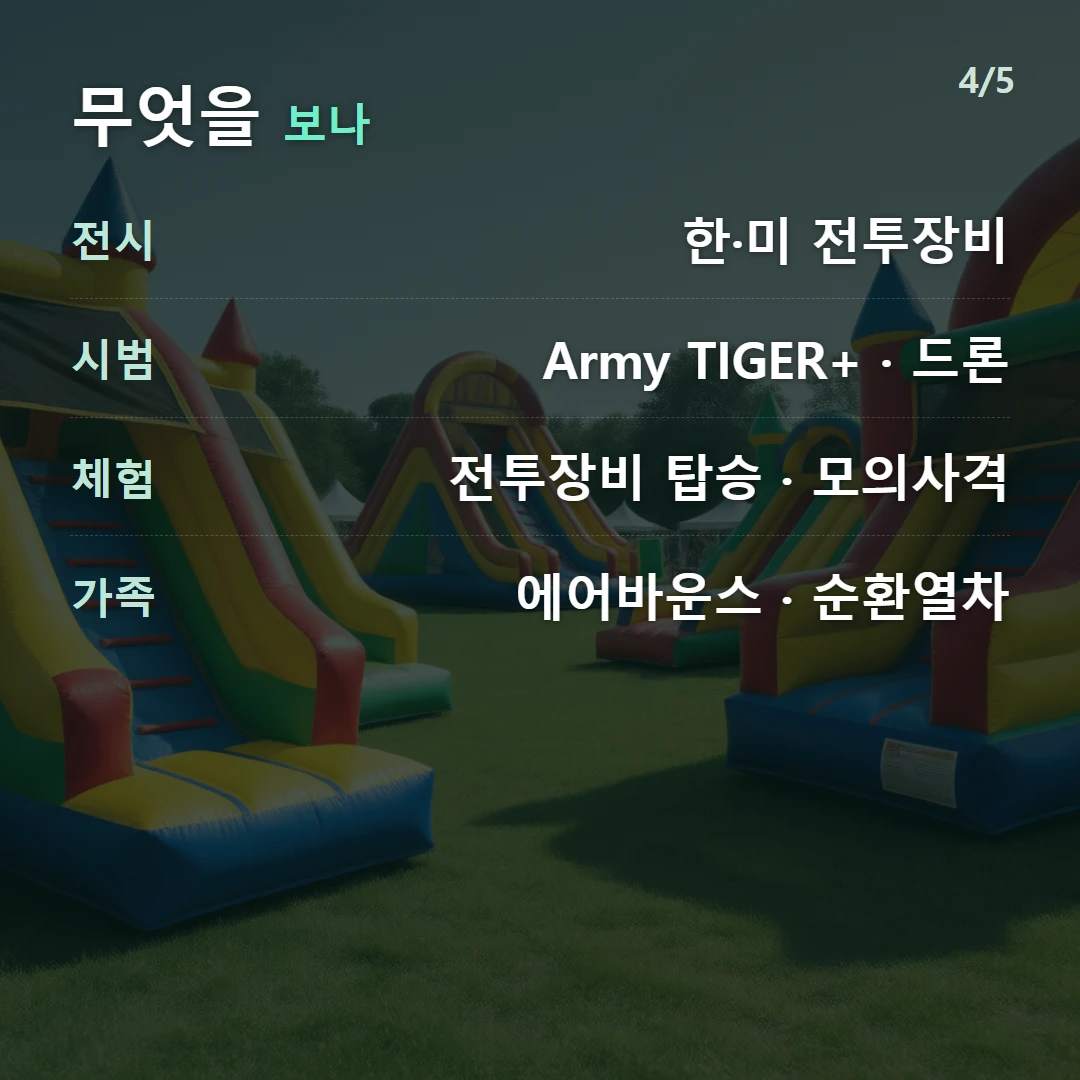 무엇을 보나 — 전시 한·미 전투장비, 시범 Army TIGER+ · 드론, 체험 전투장비 탑승 · 모의사격, 가족 에어바운스 · 순환열차