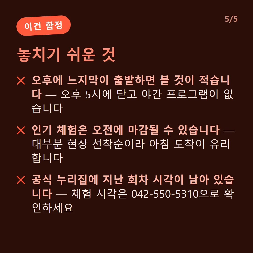 놓치기 쉬운 것 — 오후에 느지막이 출발하면 볼 것이 적습니다 — 오후 5시에 닫고 야간 프로그램이 없습니다 / 인기 체험은 오전에 마감될 수 있습니다 — 대부분 현장 선착순이라 아침 도착이 유리합니다 / 공식 누리집에 지난 회차 시각이 남아 있습니다 — 체험 시각은 042-550-5310으로 확인하세요