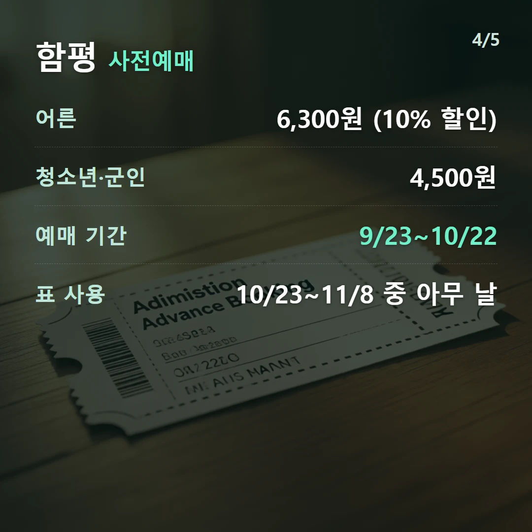 함평 사전예매 — 어른 6,300원 (10% 할인), 청소년·군인 4,500원, 예매 기간 9/23~10/22, 표 사용 10/23~11/8 중 아무 날