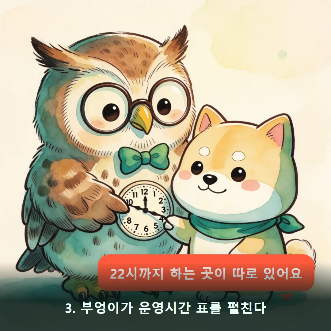 웹툰 3컷 — 3. 부엉이가 운영시간 표를 펼친다 (22시까지 하는 곳이 따로 있어요)