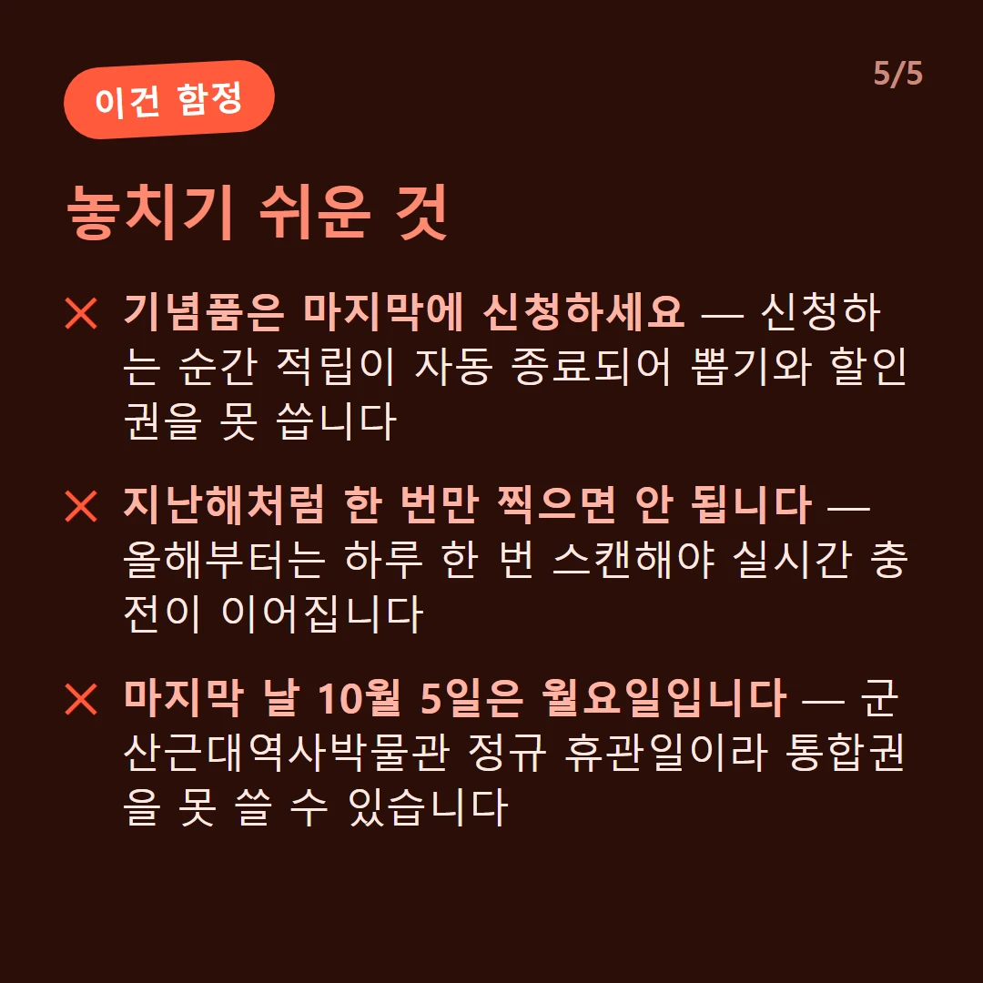 놓치기 쉬운 것 — 기념품은 마지막에 신청하세요 — 신청하는 순간 적립이 자동 종료되어 뽑기와 할인권을 못 씁니다 / 지난해처럼 한 번만 찍으면 안 됩니다 — 올해부터는 하루 한 번 스캔해야 실시간 충전이 이어집니다 / 마지막 날 10월 5일은 월요일입니다 — 군산근대역사박물관 정규 휴관일이라 통합권을 못 쓸 수 있습니다