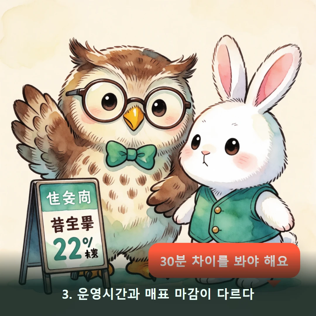 웹툰 3컷 — 3. 운영시간과 매표 마감이 다르다 (30분 차이를 봐야 해요)