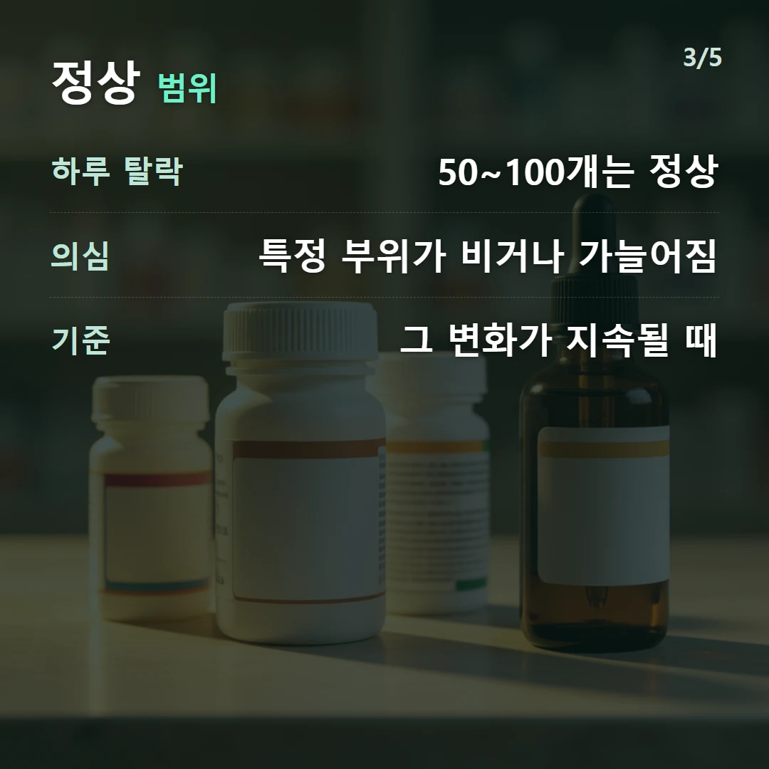 정상 범위 — 하루 탈락 50~100개는 정상, 의심 특정 부위가 비거나 가늘어짐, 기준 그 변화가 지속될 때