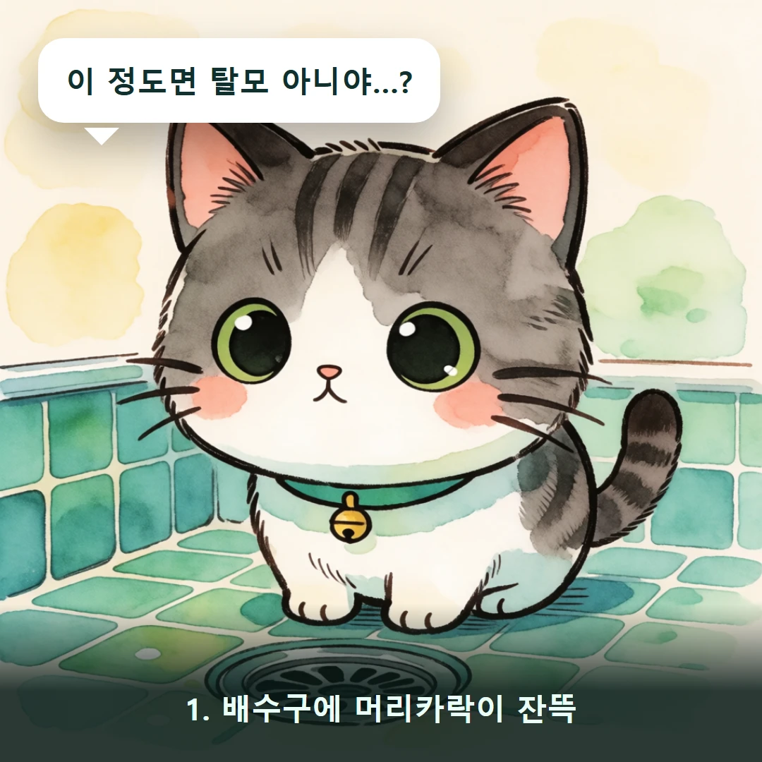 웹툰 1컷 — 1. 배수구에 머리카락이 잔뜩 (이 정도면 탈모 아니야…?)