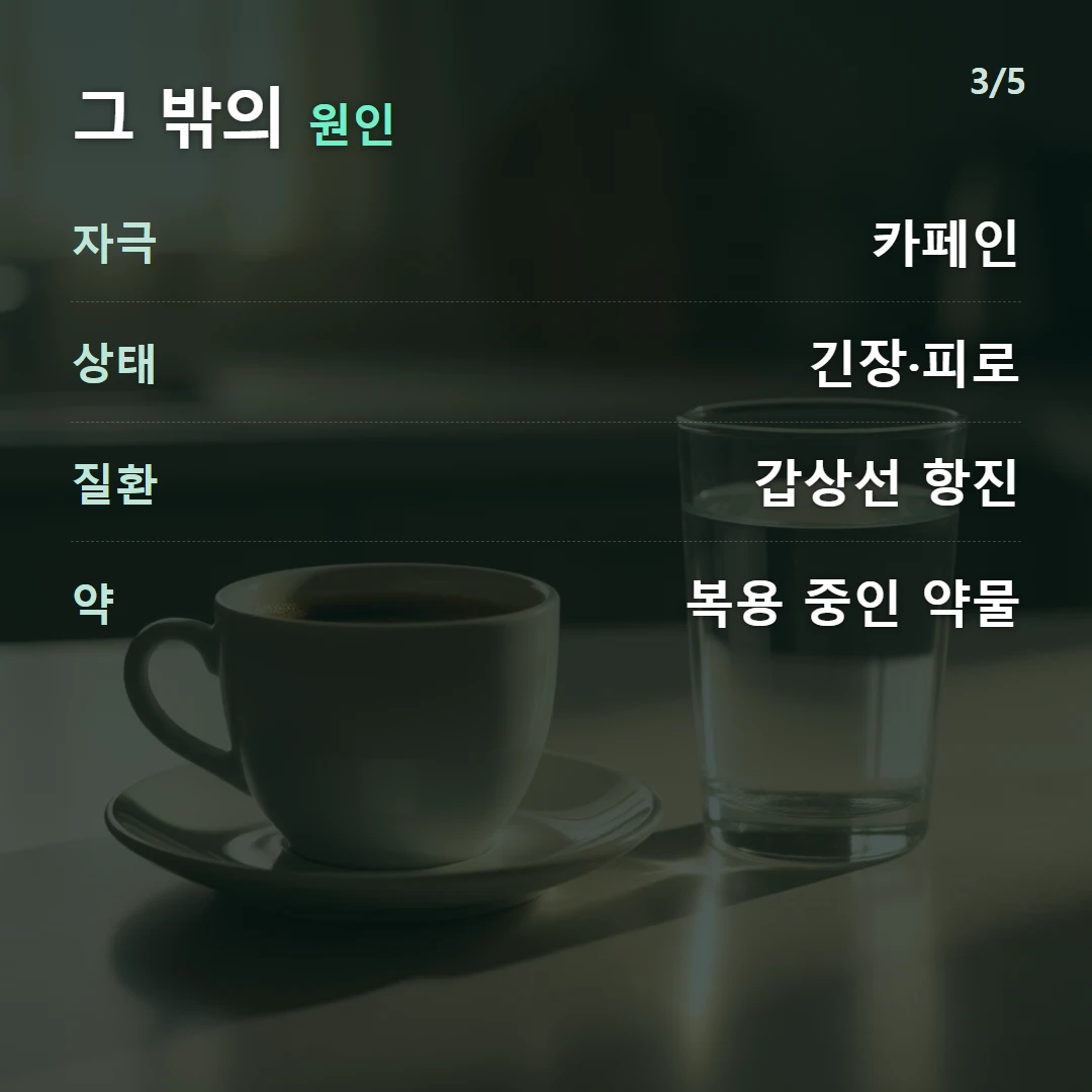 그 밖의 원인 — 자극 카페인, 상태 긴장·피로, 질환 갑상선 항진, 약 복용 중인 약물