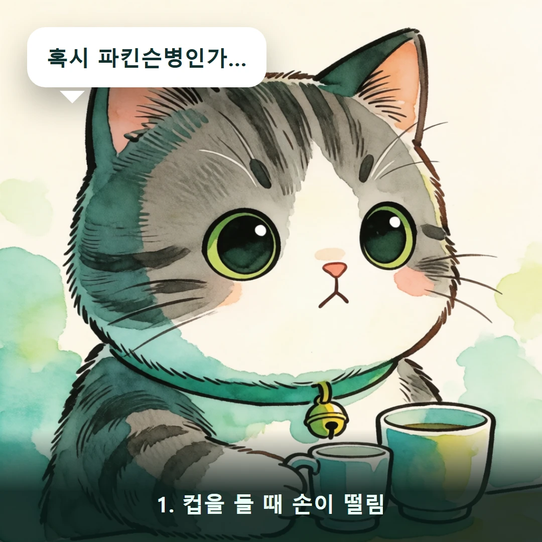 웹툰 1컷 — 1. 컵을 들 때 손이 떨림 (혹시 파킨슨병인가…)