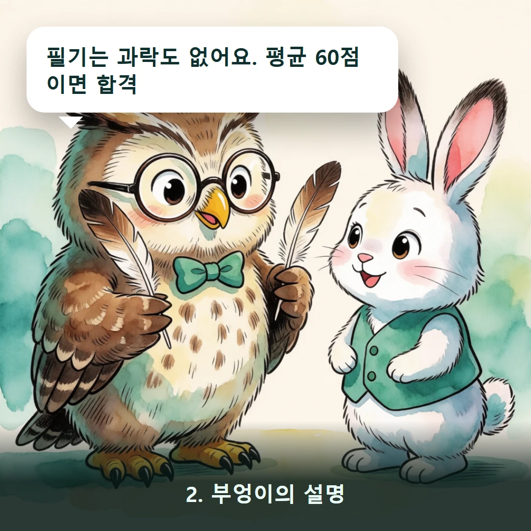 웹툰 2컷 — 2. 부엉이의 설명 (필기는 과락도 없어요. 평균 60점이면 합격)