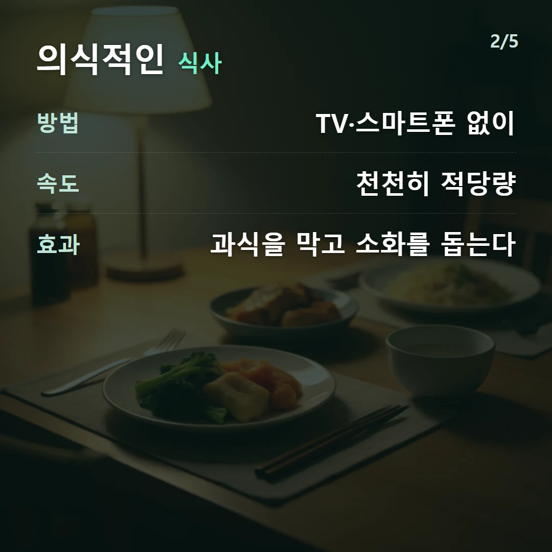 의식적인 식사 — 방법 TV·스마트폰 없이, 속도 천천히 적당량, 효과 과식을 막고 소화를 돕는다