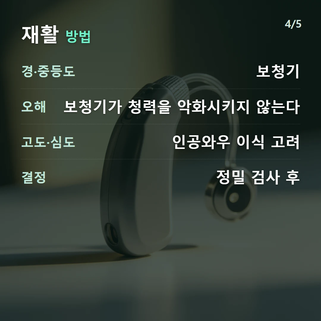 재활 방법 — 경·중등도 보청기, 오해 보청기가 청력을 악화시키지 않는다, 고도·심도 인공와우 이식 고려, 결정 정밀 검사 후