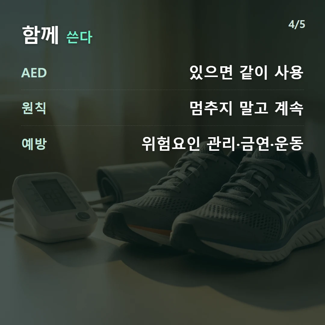 함께 쓴다 — AED 있으면 같이 사용, 원칙 멈추지 말고 계속, 예방 위험요인 관리·금연·운동