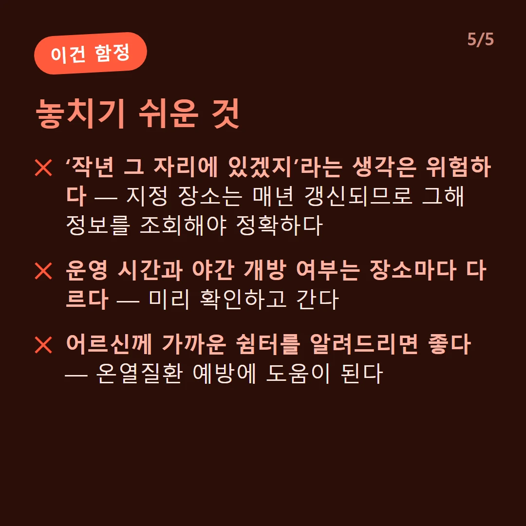 놓치기 쉬운 것 — ‘작년 그 자리에 있겠지’라는 생각은 위험하다 — 지정 장소는 매년 갱신되므로 그해 정보를 조회해야 정확하다 / 운영 시간과 야간 개방 여부는 장소마다 다르다 — 미리 확인하고 간다 / 어르신께 가까운 쉼터를 알려드리면 좋다 — 온열질환 예방에 도움이 된다