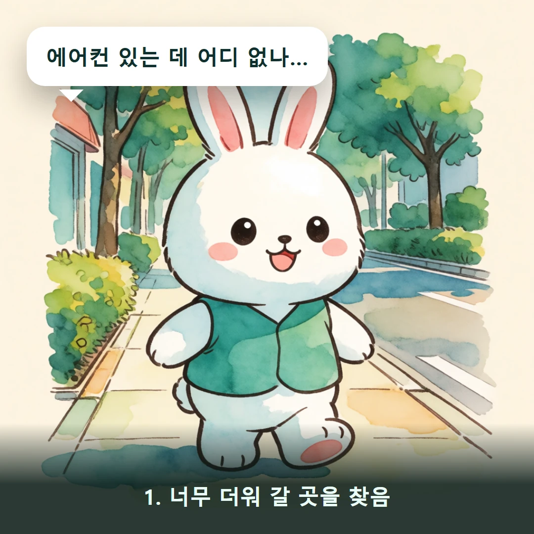 웹툰 1컷 — 1. 너무 더워 갈 곳을 찾음 (에어컨 있는 데 어디 없나…)