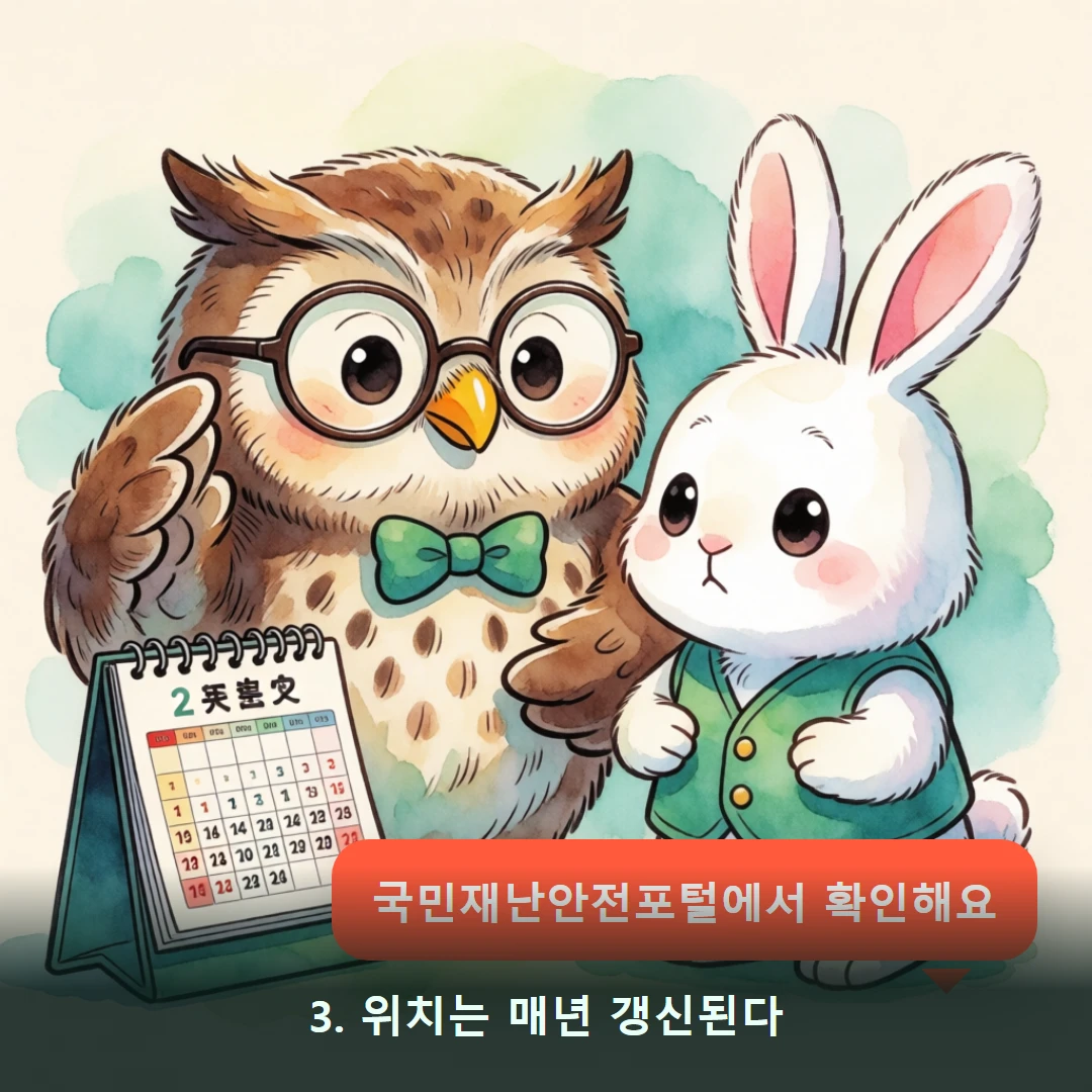 웹툰 3컷 — 3. 위치는 매년 갱신된다 (국민재난안전포털에서 확인해요)
