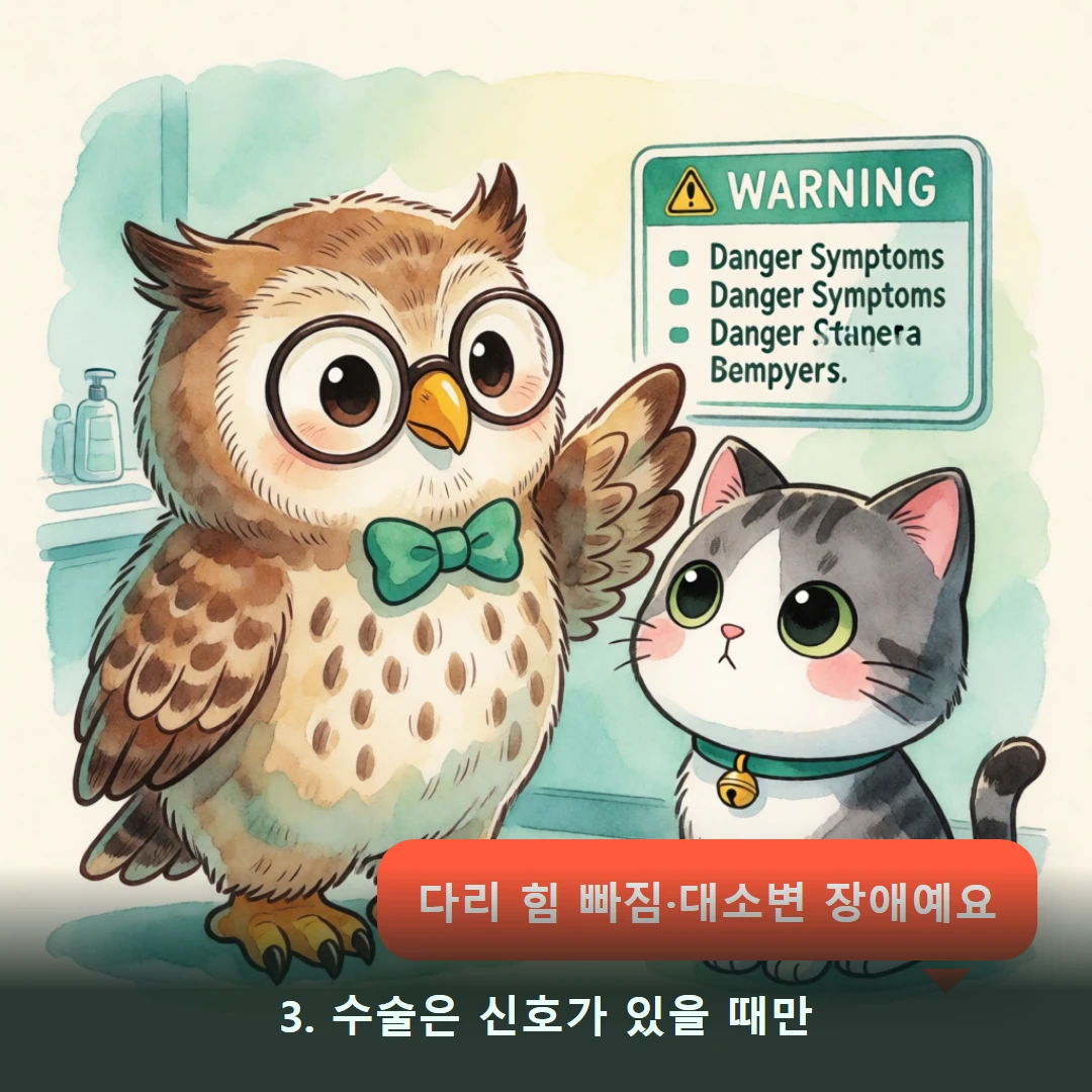 웹툰 3컷 — 3. 수술은 신호가 있을 때만 (다리 힘 빠짐·대소변 장애예요)