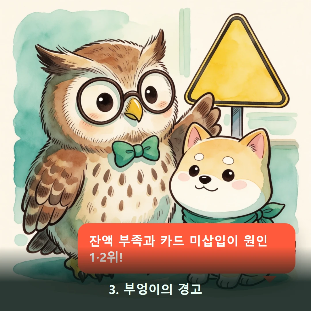 웹툰 3컷 — 3. 부엉이의 경고 (잔액 부족과 카드 미삽입이 원인 1·2위!)