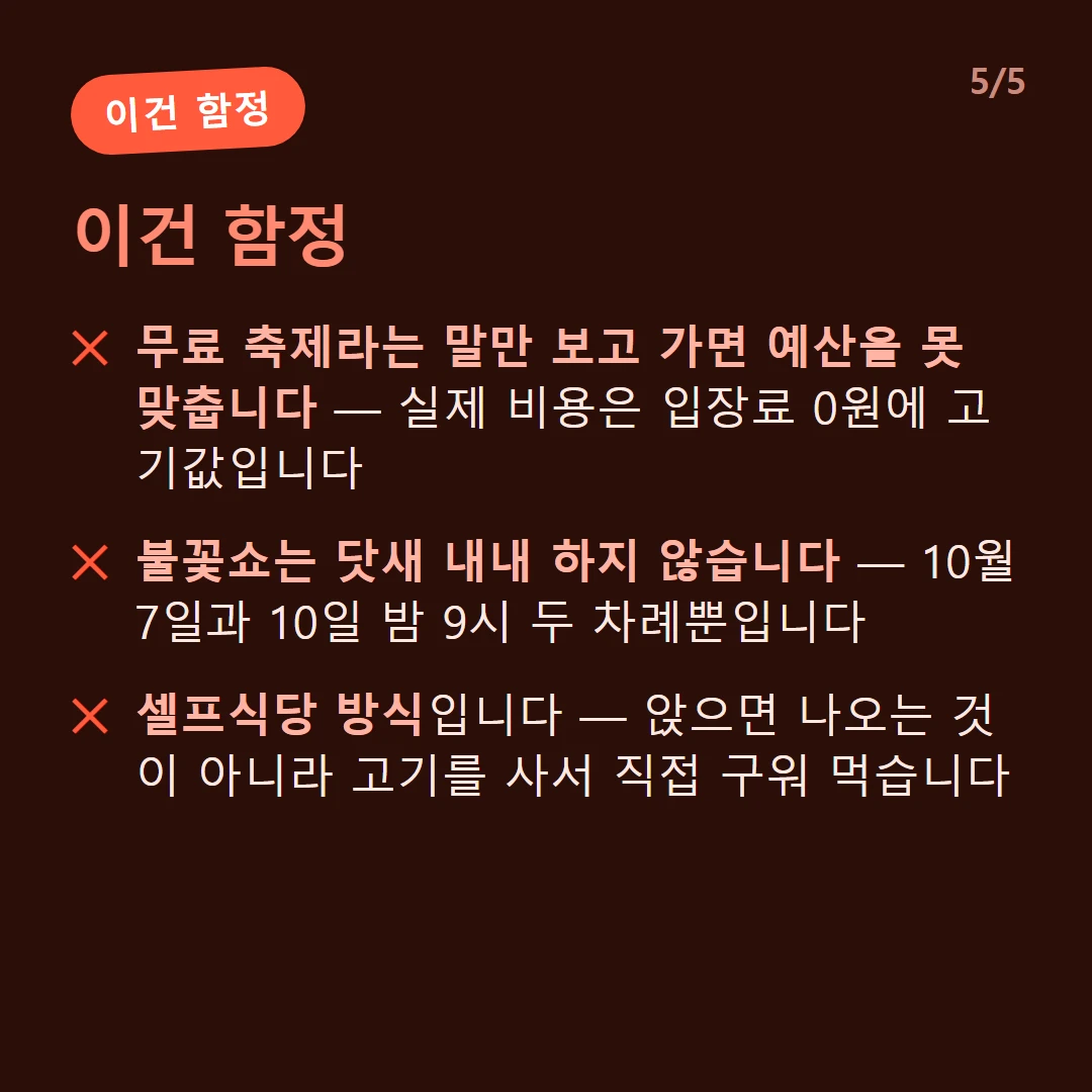 이건 함정 — 무료 축제라는 말만 보고 가면 예산을 못 맞춥니다 — 실제 비용은 입장료 0원에 고기값입니다 / 불꽃쇼는 닷새 내내 하지 않습니다 — 10월 7일과 10일 밤 9시 두 차례뿐입니다 / 셀프식당 방식입니다 — 앉으면 나오는 것이 아니라 고기를 사서 직접 구워 먹습니다
