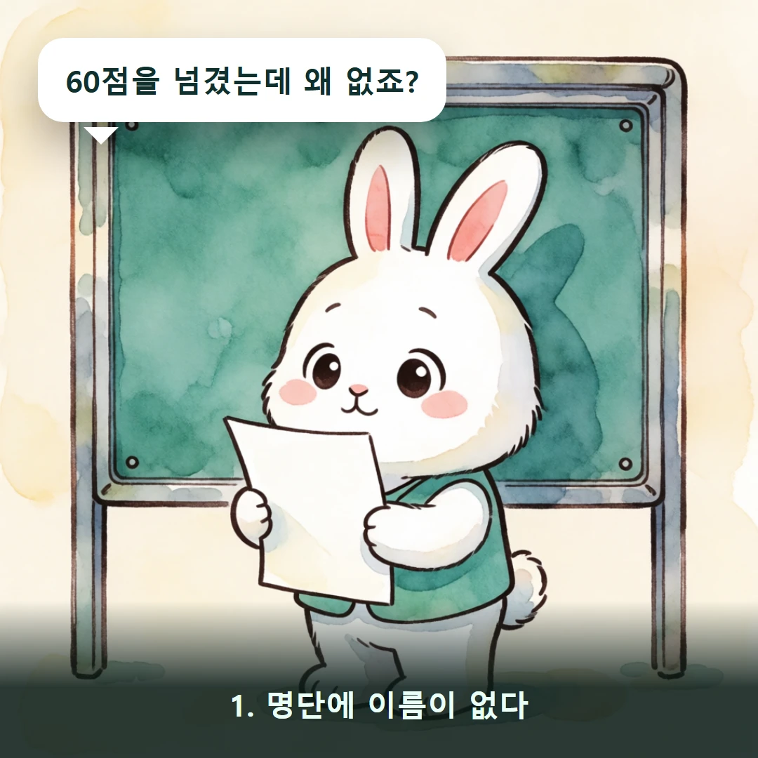 웹툰 1컷 — 1. 명단에 이름이 없다 (60점을 넘겼는데 왜 없죠?)
