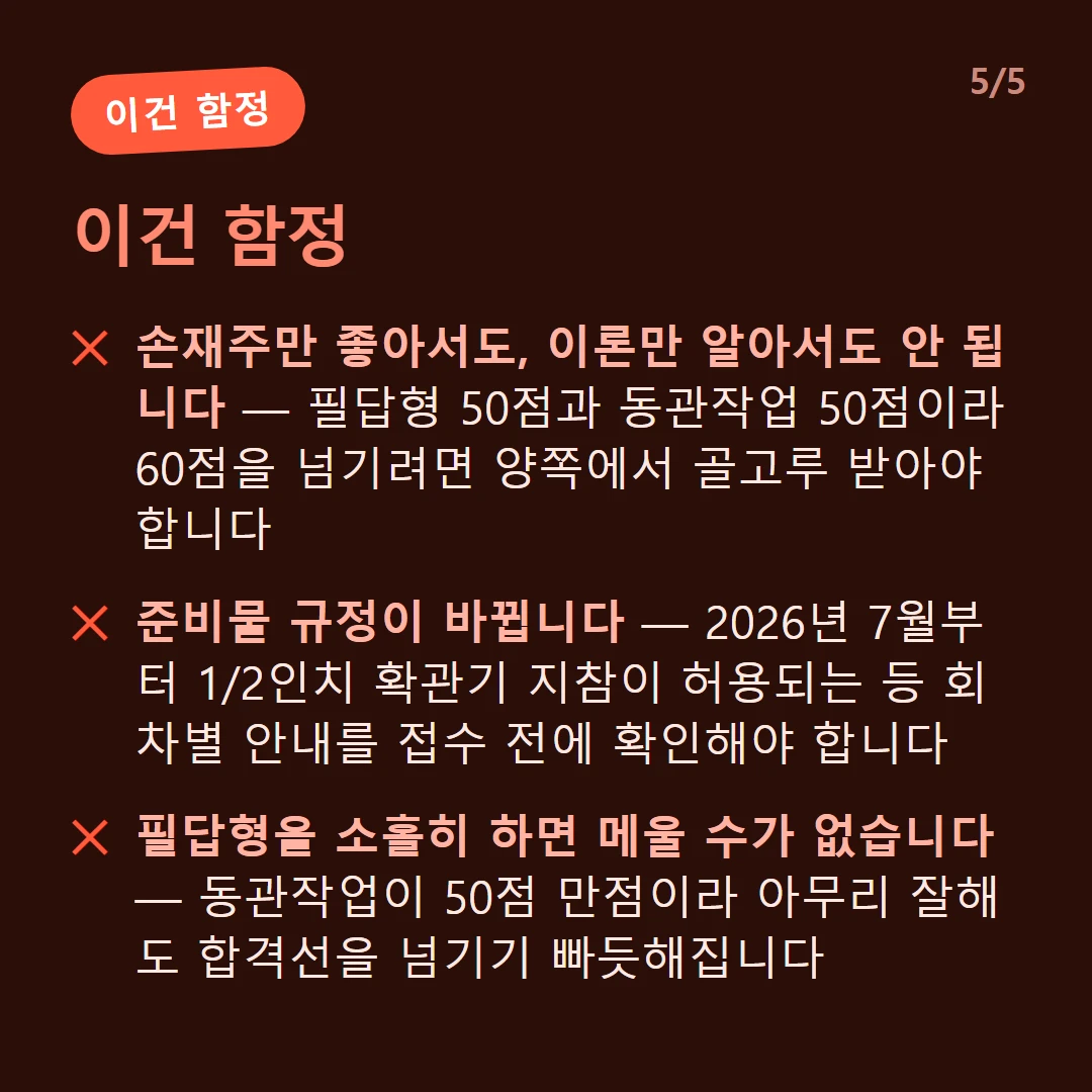 이건 함정 — 손재주만 좋아서도, 이론만 알아서도 안 됩니다 — 필답형 50점과 동관작업 50점이라 60점을 넘기려면 양쪽에서 골고루 받아야 합니다 / 동관작업은 책으로 익힐 수 없습니다 — 치수가 맞지 않거나 연결부가 새면 점수가 깎여 실습이 필수입니다 / 준비물 규정이 바뀝니다 — 2026년 7월부터 1/2인치 확관기 지참이 허용되는 등 회차별 안내를 접수 전에 확인해야 합니다 / 필답형을 소홀히 하면 메울 수가 없습니다 — 동관작업이 50점 만점이라 아무리 잘해도 합격선을 넘기기 빠듯해집니다