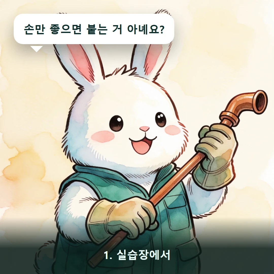 웹툰 1컷 — 1. 실습장에서 (손만 좋으면 붙는 거 아녜요?)