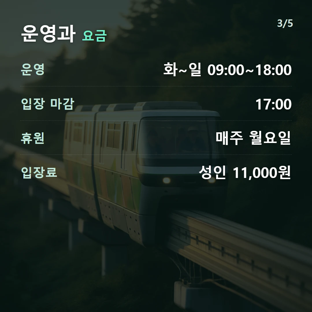운영과 요금 — 운영 화~일 09:00~18:00, 입장 마감 17:00, 휴원 매주 월요일, 입장료 성인 11,000원