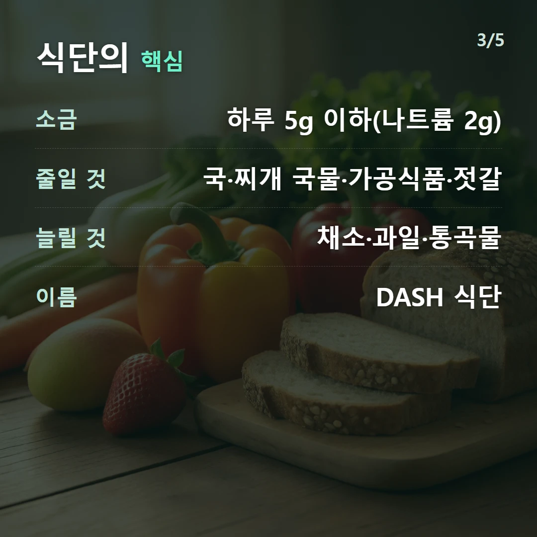 식단의 핵심 — 소금 하루 5g 이하(나트륨 2g), 줄일 것 국·찌개 국물·가공식품·젓갈, 늘릴 것 채소·과일·통곡물, 이름 DASH 식단