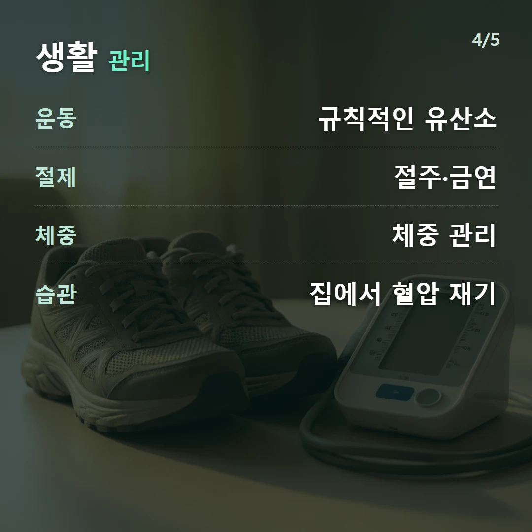 생활 관리 — 운동 규칙적인 유산소, 절제 절주·금연, 체중 체중 관리, 습관 집에서 혈압 재기