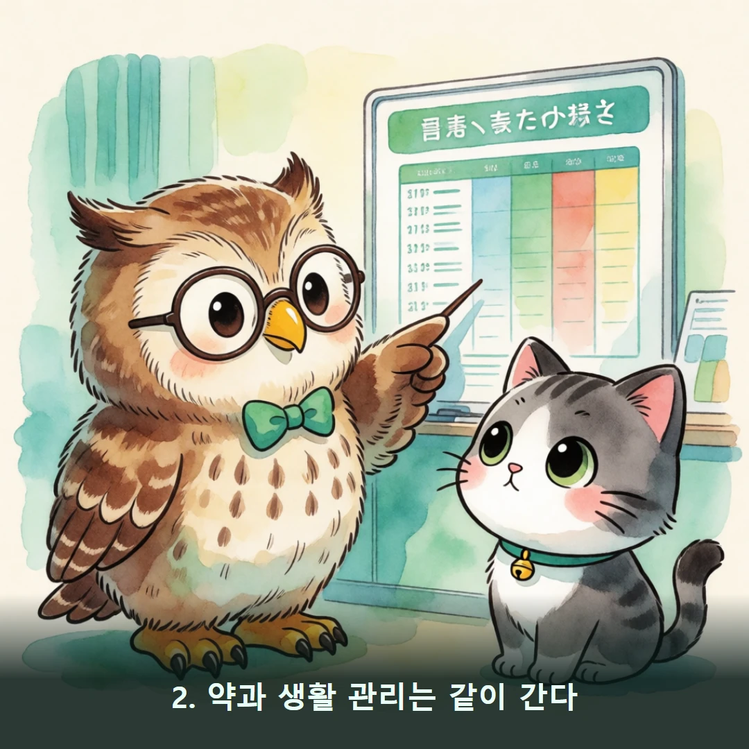 웹툰 2컷 — 2. 약과 생활 관리는 같이 간다