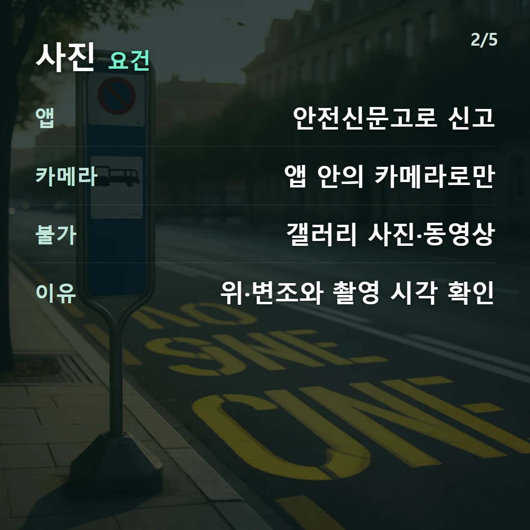 사진 요건 — 앱 안전신문고로 신고, 카메라 앱 안의 카메라로만, 불가 갤러리 사진·동영상, 이유 위·변조와 촬영 시각 확인