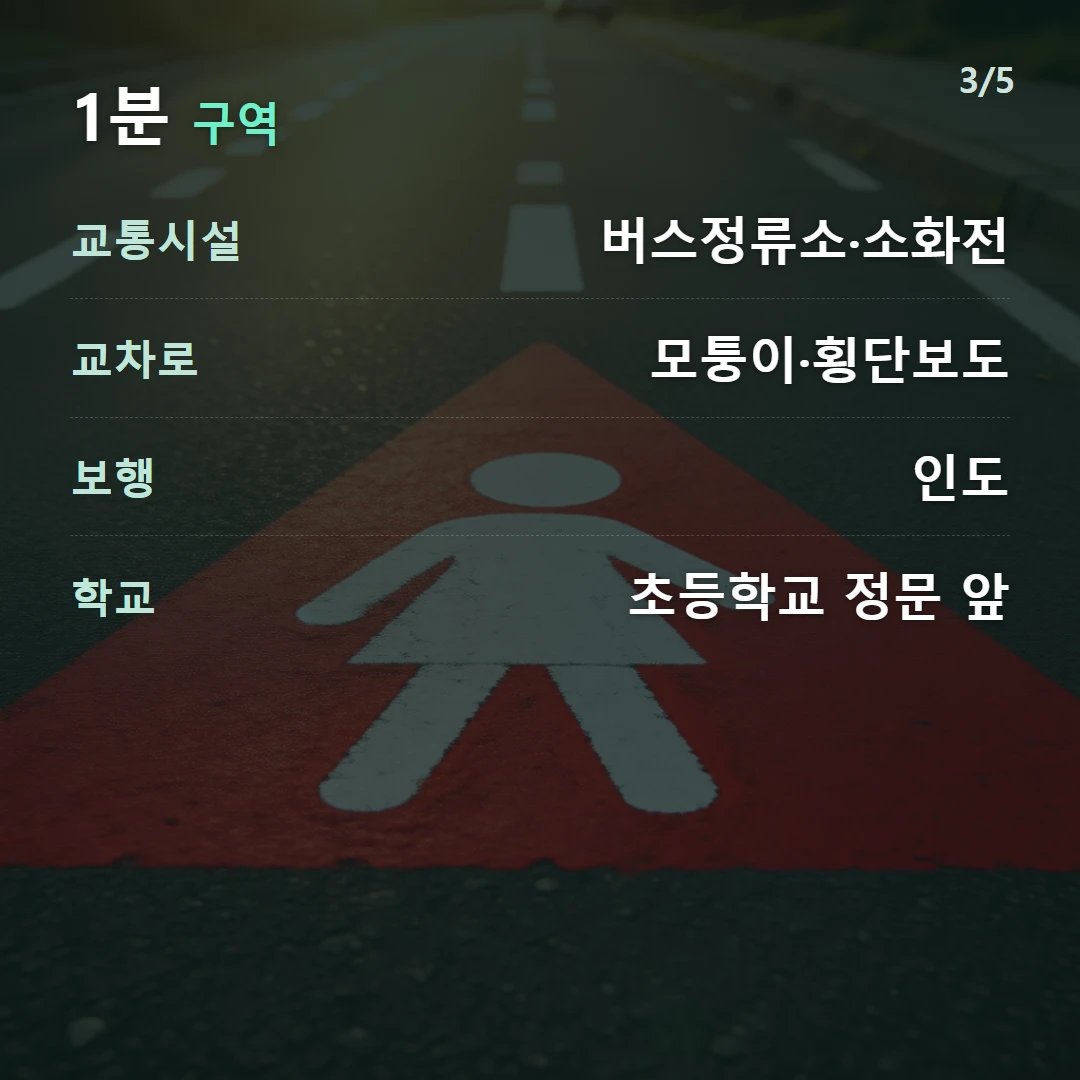1분 구역 — 교통시설 버스정류소·소화전, 교차로 모퉁이·횡단보도, 보행 인도, 학교 초등학교 정문 앞