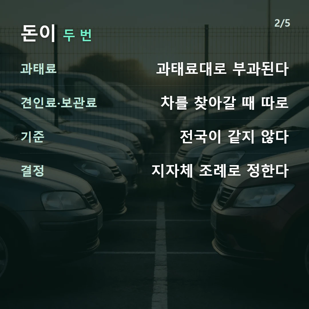 돈이 두 번 — 과태료 과태료대로 부과된다, 견인료·보관료 차를 찾아갈 때 따로, 기준 전국이 같지 않다, 결정 지자체 조례로 정한다