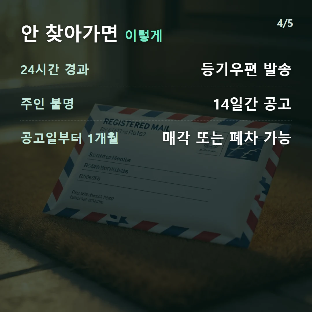 안 찾아가면 이렇게 — 24시간 경과 등기우편 발송, 주인 불명 14일간 공고, 공고일부터 1개월 매각 또는 폐차 가능