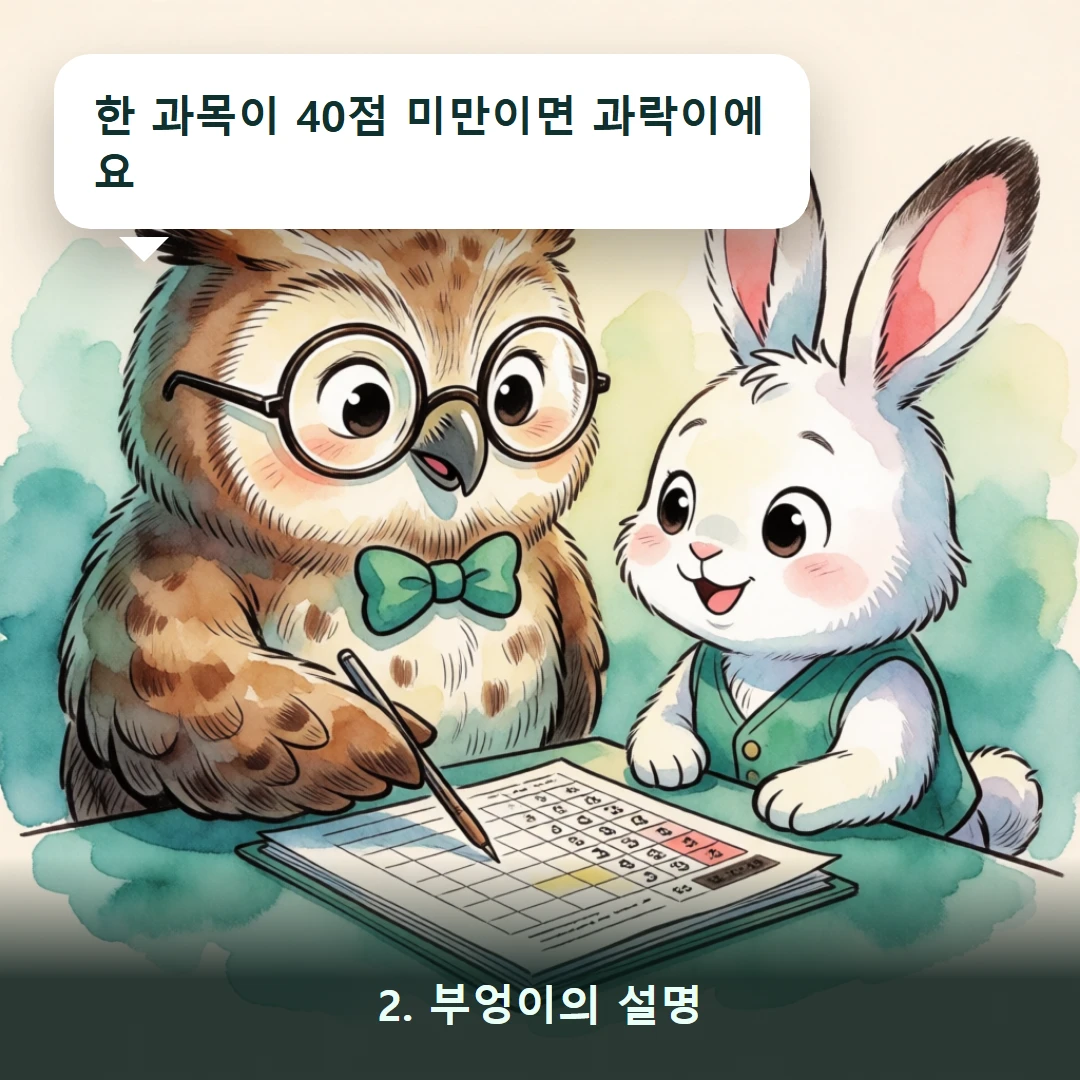 웹툰 2컷 — 2. 부엉이의 설명 (한 과목이 40점 미만이면 과락이에요)