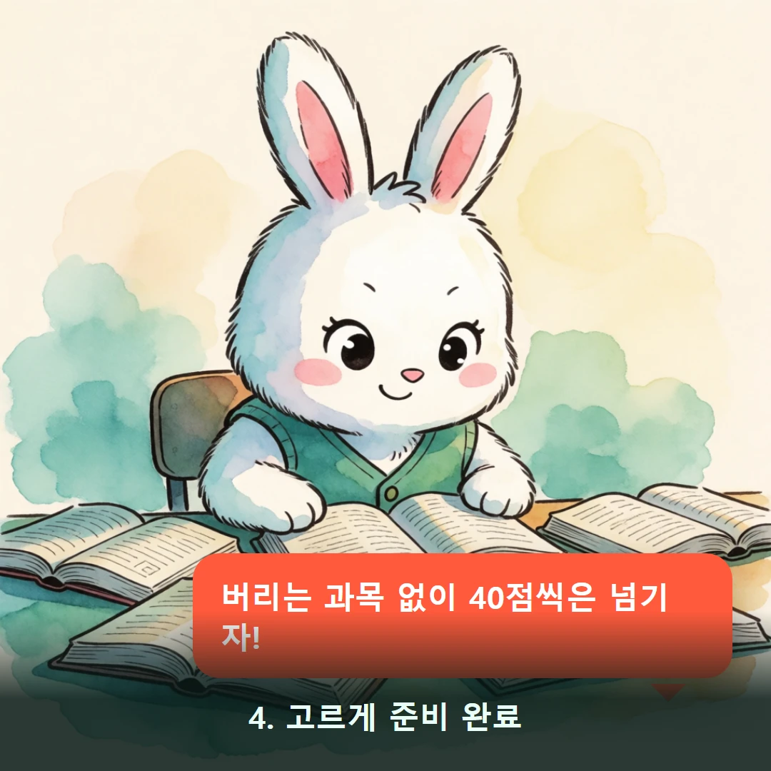 웹툰 4컷 — 4. 고르게 준비 완료 (버리는 과목 없이 40점씩은 넘기자!)