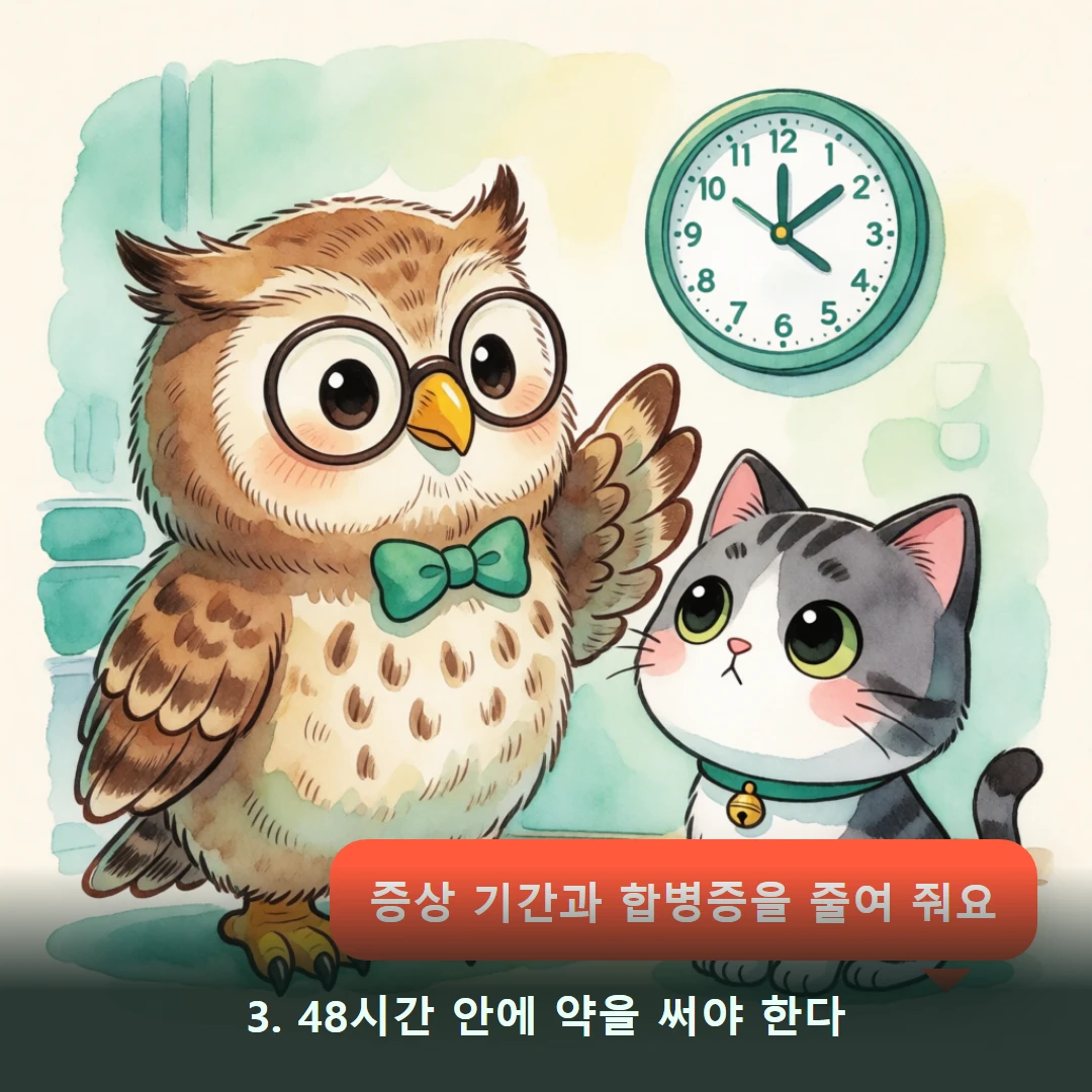 웹툰 3컷 — 3. 48시간 안에 약을 써야 한다 (증상 기간과 합병증을 줄여 줘요)