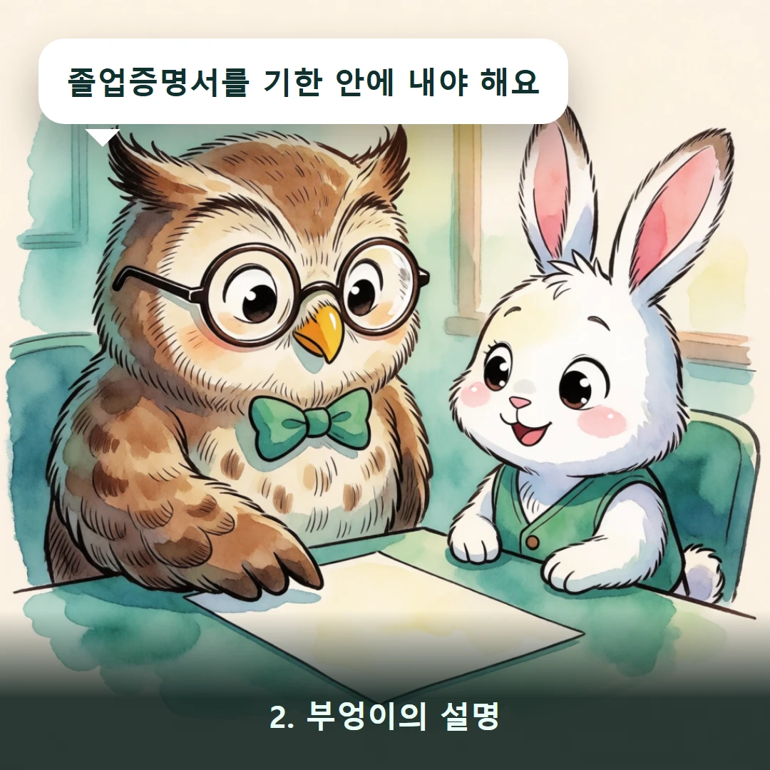 웹툰 2컷 — 2. 부엉이의 설명 (졸업증명서를 기한 안에 내야 해요)