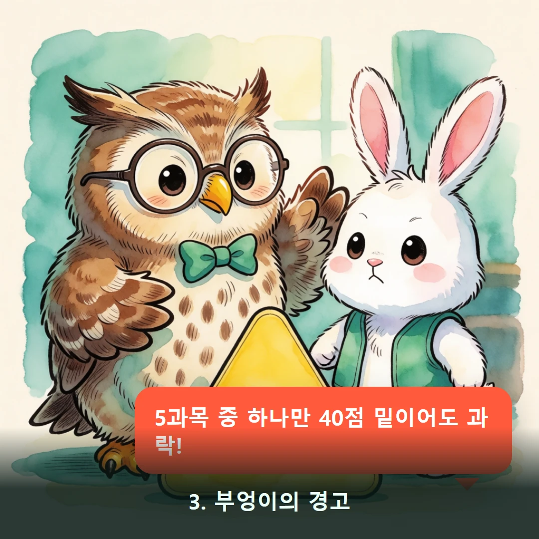 웹툰 3컷 — 3. 부엉이의 경고 (5과목 중 하나만 40점 밑이어도 과락!)