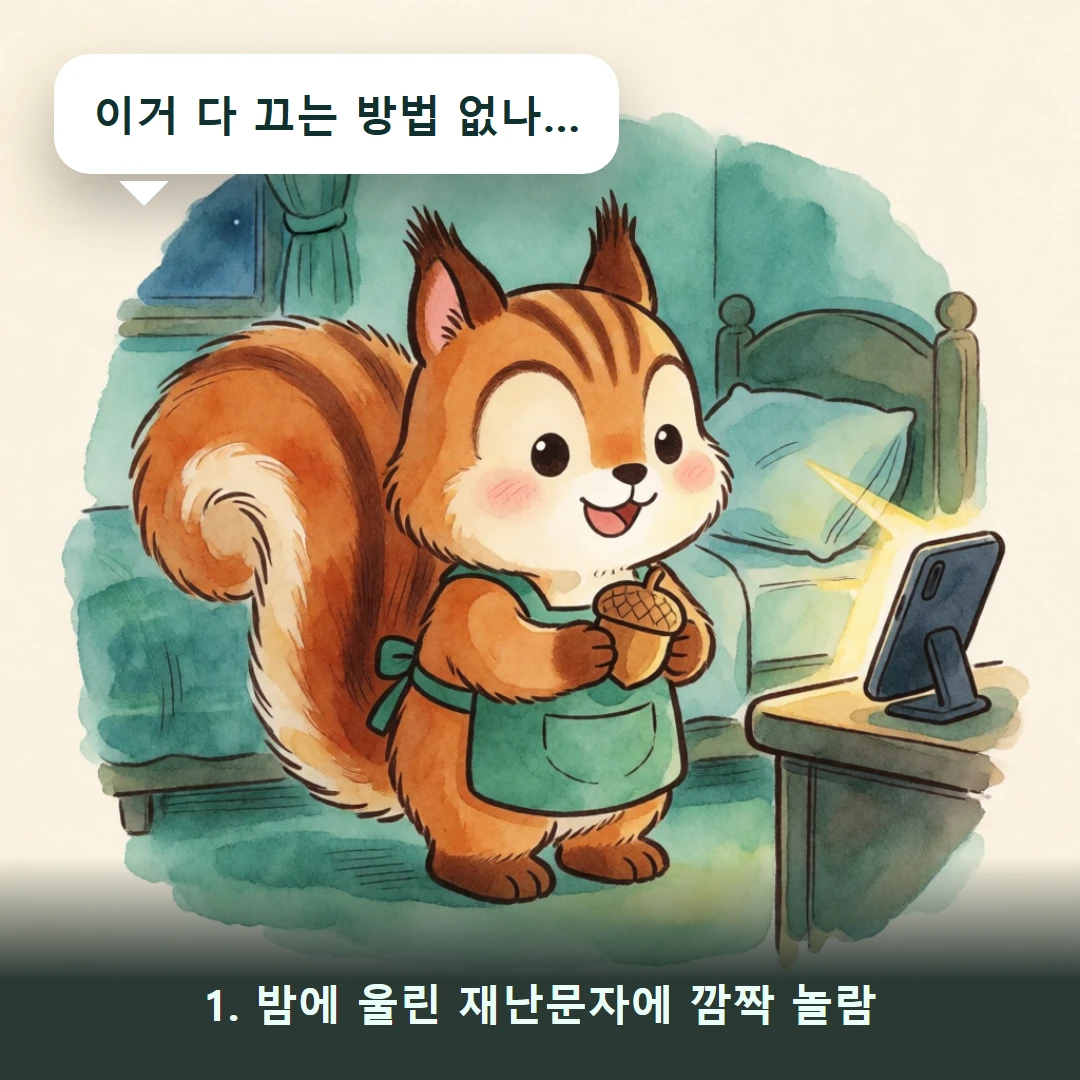웹툰 1컷 — 1. 밤에 울린 재난문자에 깜짝 놀람 (이거 다 끄는 방법 없나…)