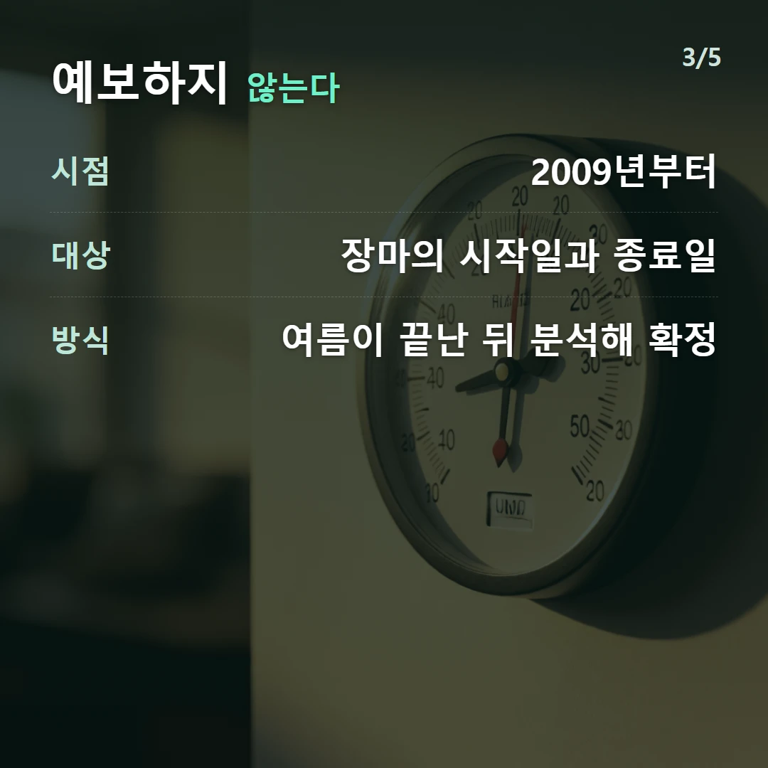 예보하지 않는다 — 시점 2009년부터, 대상 장마의 시작일과 종료일, 방식 여름이 끝난 뒤 분석해 확정