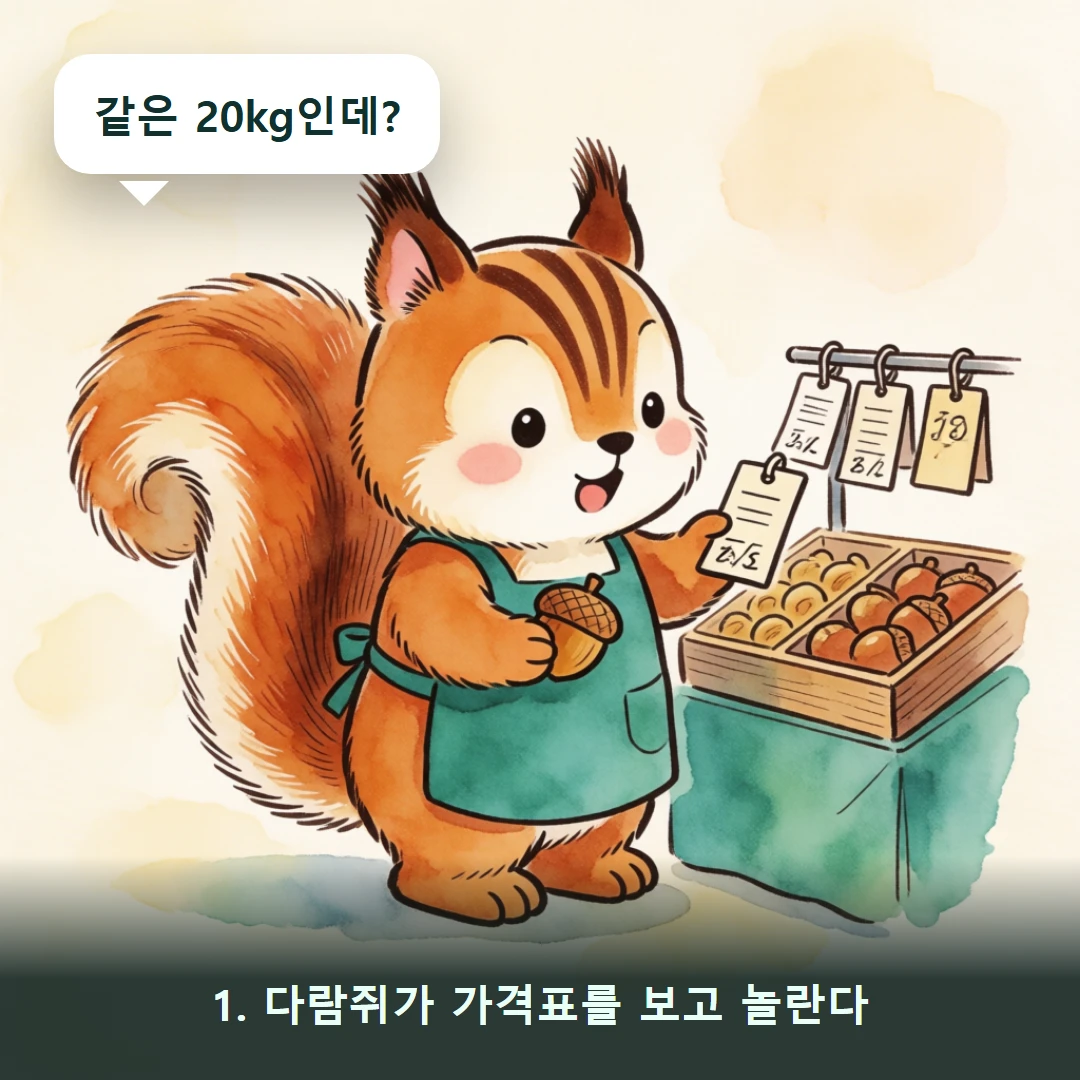 웹툰 1컷 — 1. 다람쥐가 가격표를 보고 놀란다 (같은 20kg인데?)