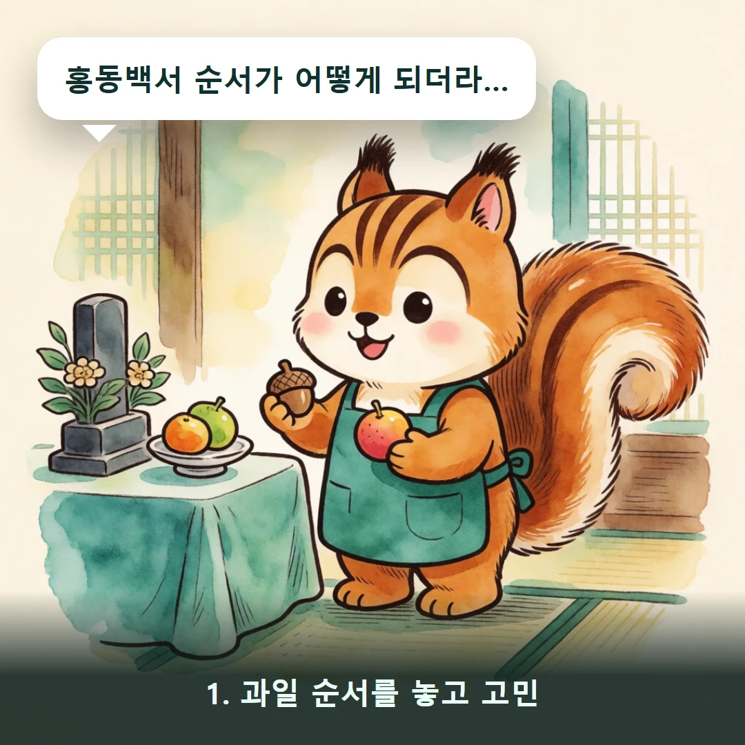 웹툰 1컷 — 1. 과일 순서를 놓고 고민 (홍동백서 순서가 어떻게 되더라…)