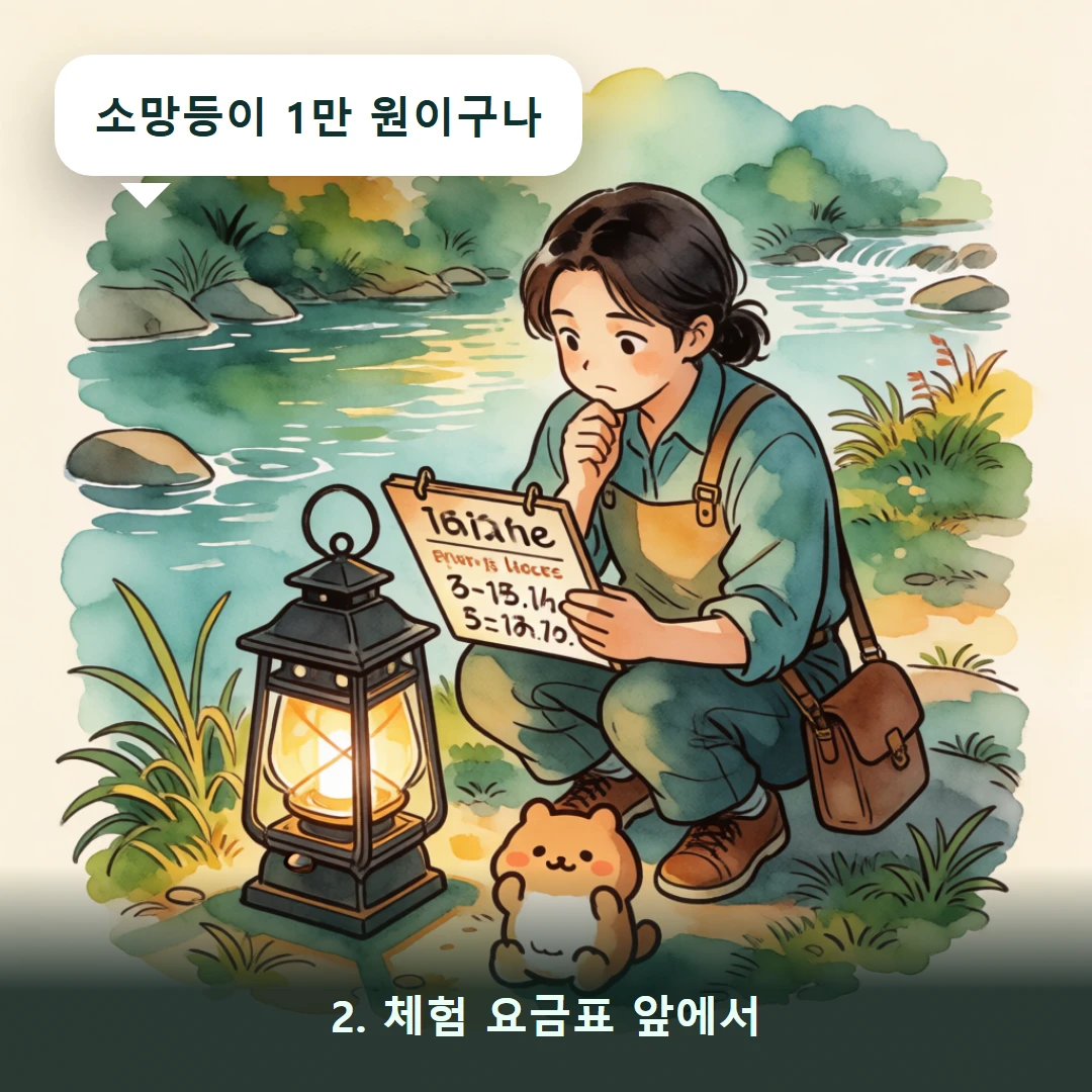 웹툰 2컷 — 2. 체험 요금표 앞에서 (소망등이 1만 원이구나)