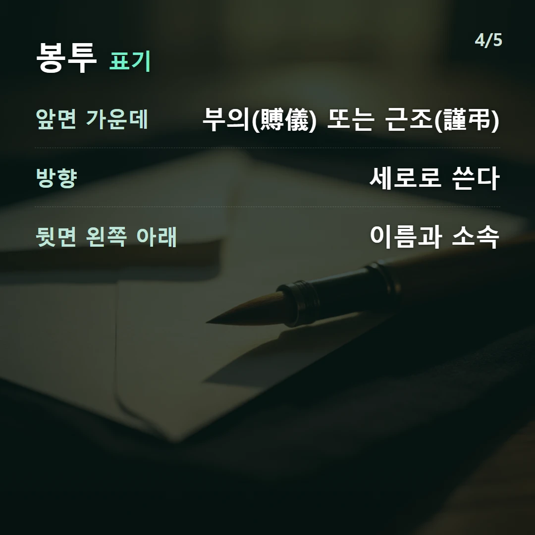 봉투 표기 — 앞면 가운데 부의(賻儀) 또는 근조(謹弔), 방향 세로로 쓴다, 뒷면 왼쪽 아래 이름과 소속